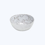 Handcrafted ceramic bowl with botanical motifs in glossy light gray.