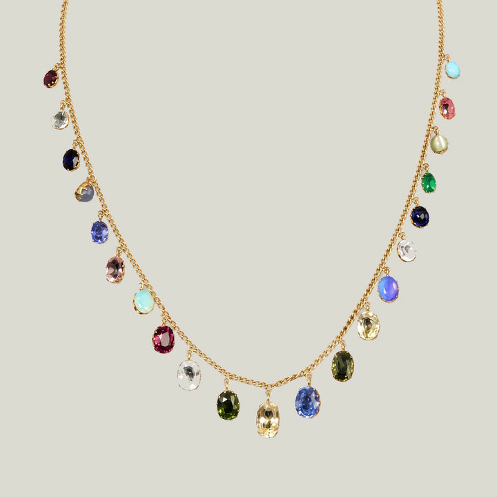 Antique 1900 Yellow Gold Necklace with 21 Precious & Semi-Precious Stones