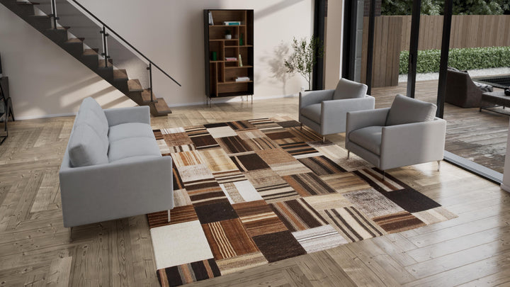 Brown Patchwork Wool Rug - 9'8" x 13'3"