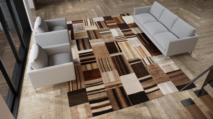 Brown Patchwork Wool Rug - 9'8" x 13'3"