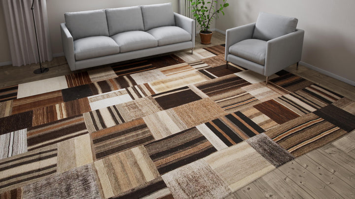 Brown Patchwork Wool Rug - 9'8" x 13'3"
