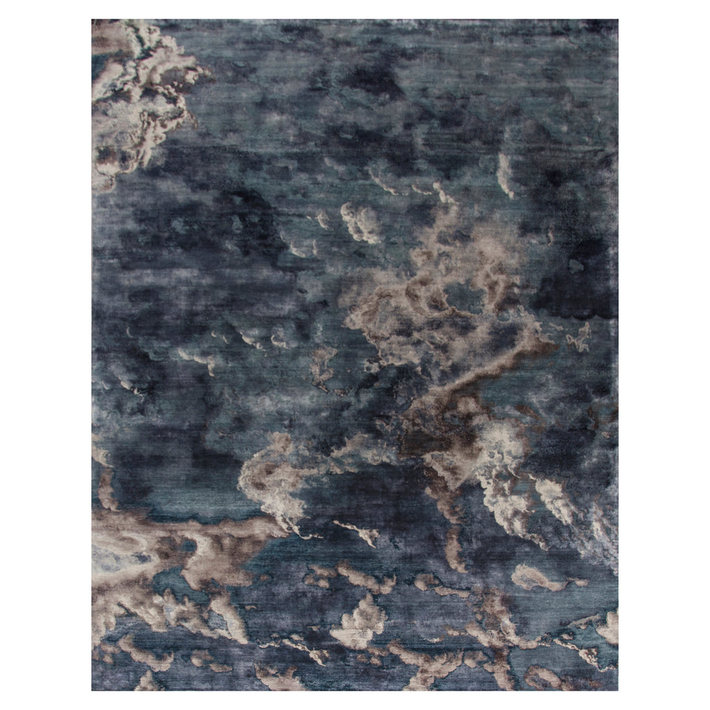 Midnight Blue Contemporary Silk Wool Blend Rug - 9'11" x 14'