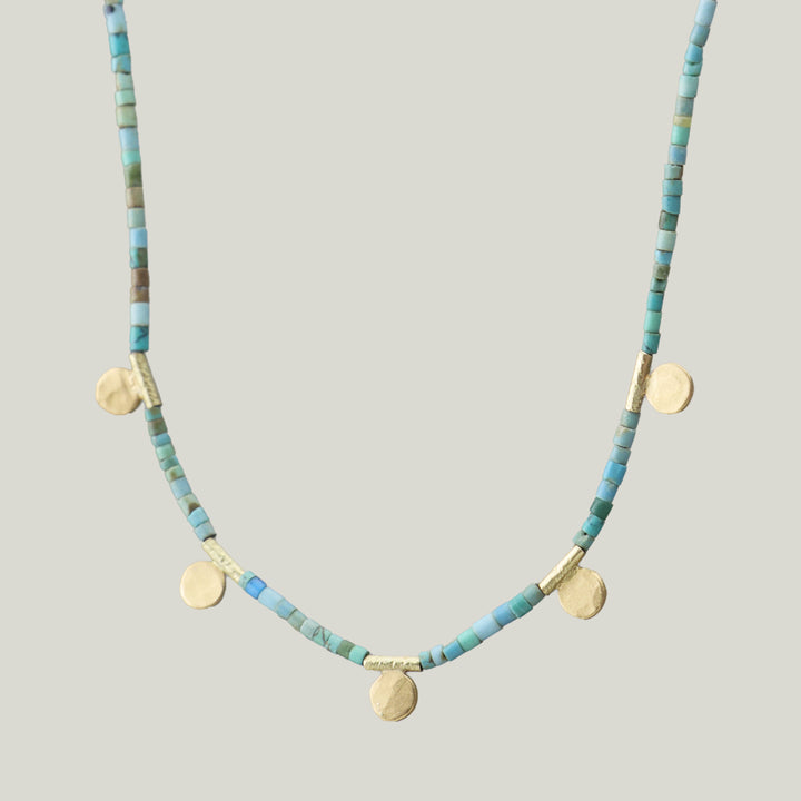 Beaded Turquoise and Gold Disks Necklace