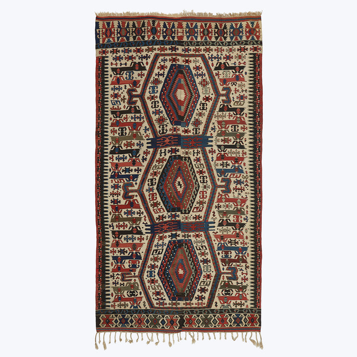 Multicolored Ivory Vintage Anatolian Wool Kilim Rug - 5'3" x 10'4"