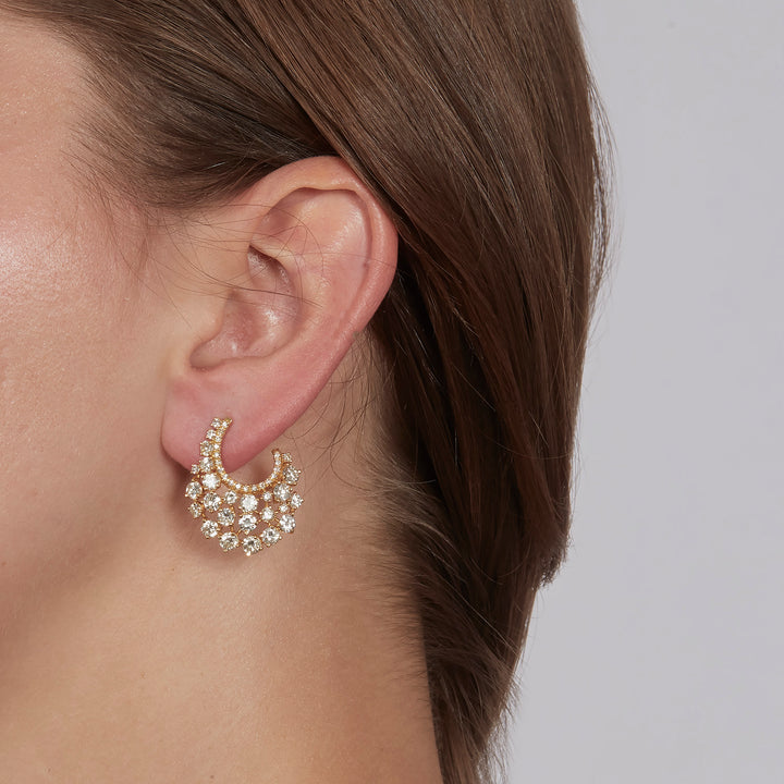 18k Yellow gold and Diamond 3-row crescent earrings