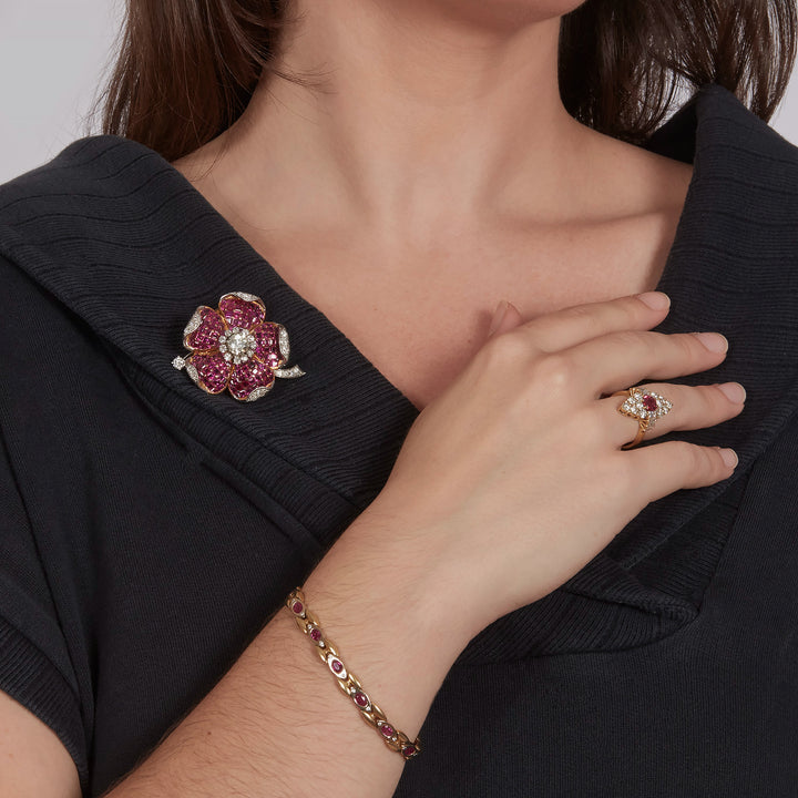 1950s 18K Yellow Gold, Ruby, Diamond Flower Brooch