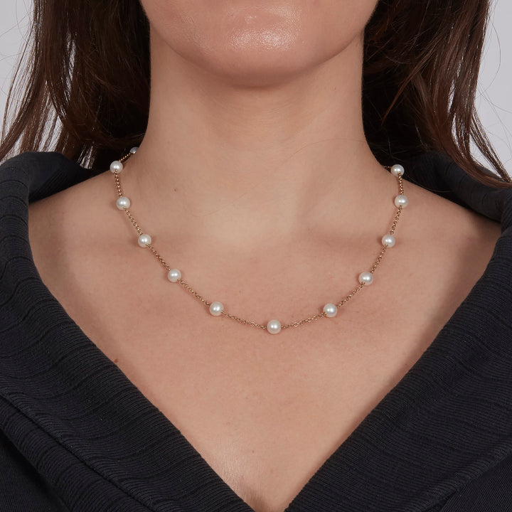14K Yellow Gold Pearl Station Necklace