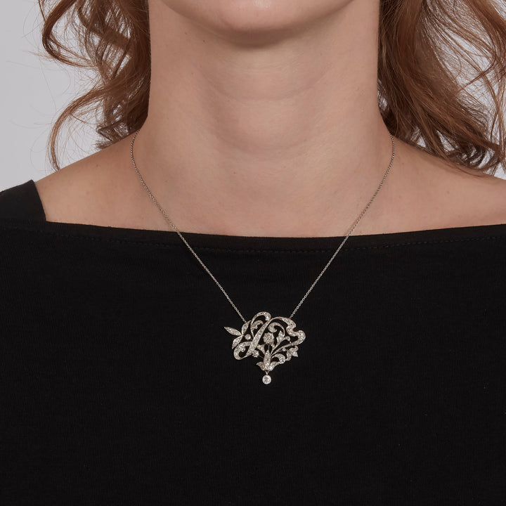 Art Nouveau Platinum Diamond Flora Pendant Necklace
