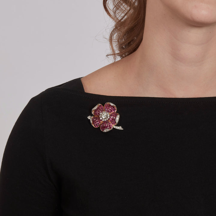 1950s 18K Yellow Gold, Ruby, Diamond Flower Brooch