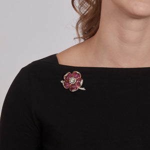 1950s 18KYG, Ruby, Diamond Flower Brooch - hover