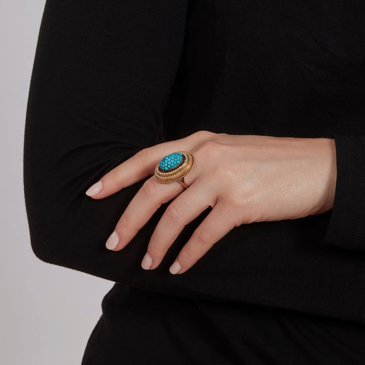 Victorian Turquoise and Enamel Cluster Ring in 14k Gold