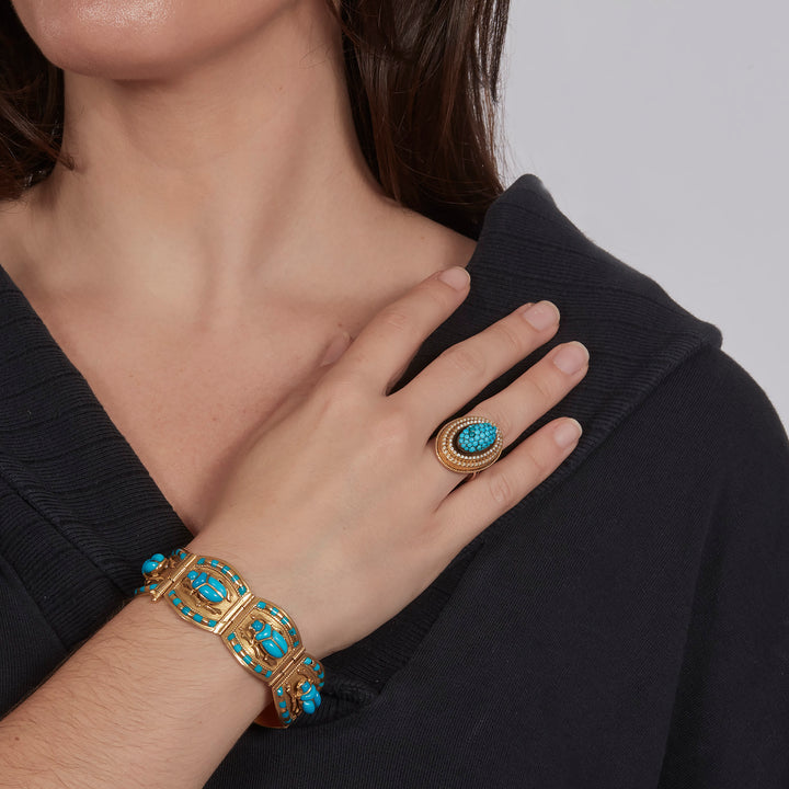 Egyptian Revival Glass and Gold Scarab Bracelet, circa 1970.