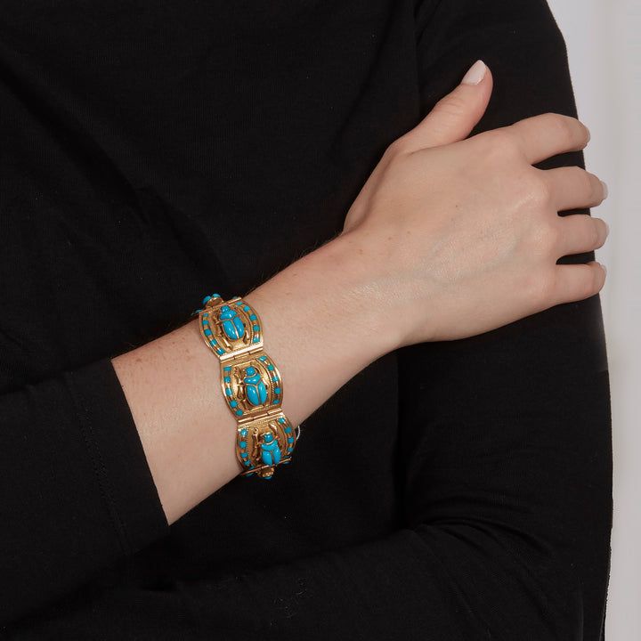 Egyptian Revival Glass and Gold Scarab Bracelet, circa 1970.