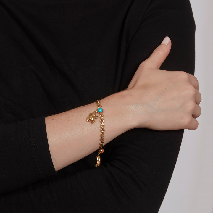 Cartier Gold Scarab Charm Bracelet with Coral & Turquoise – 26.9g, Circa 1990
