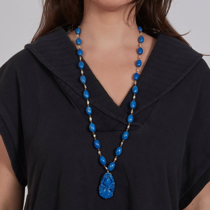 Lapis Lazuli and Pearl Bead Necklace with Carved Lapis Squash Blossom Pendant