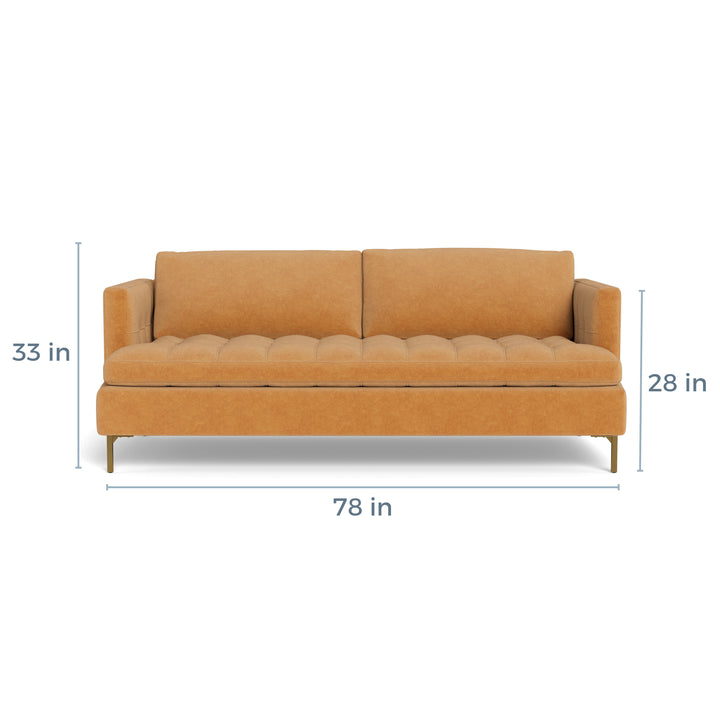 Sofa with dimensions 78 in width, 33 in height left and 28 in height right, orange/tan upholstery