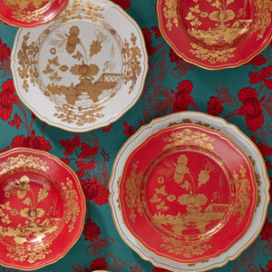 Ornate scalloped edge plate with intricate floral and garden design. - hover