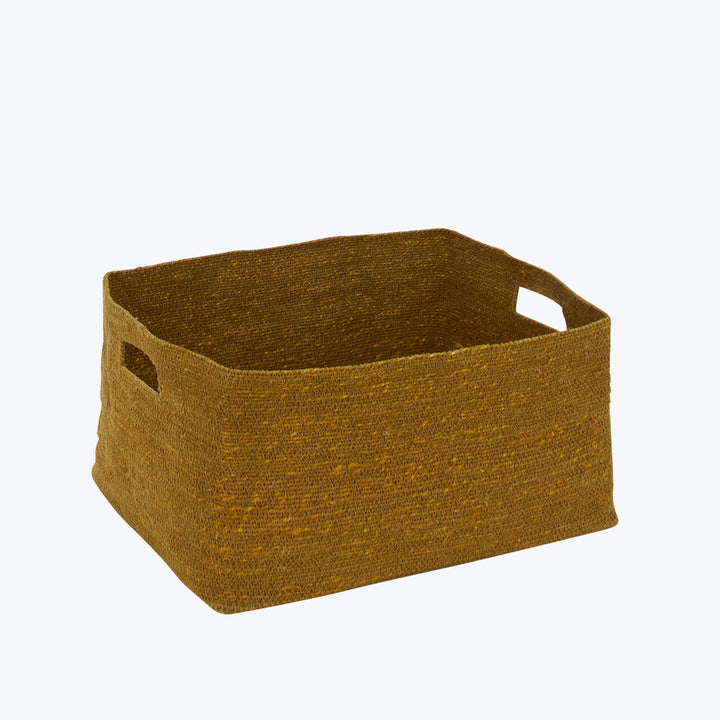 Rectangular fabric storage basket in dark golden brown with handles.