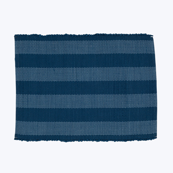 Neatly woven fabric sample with horizontal blue stripes and texture.