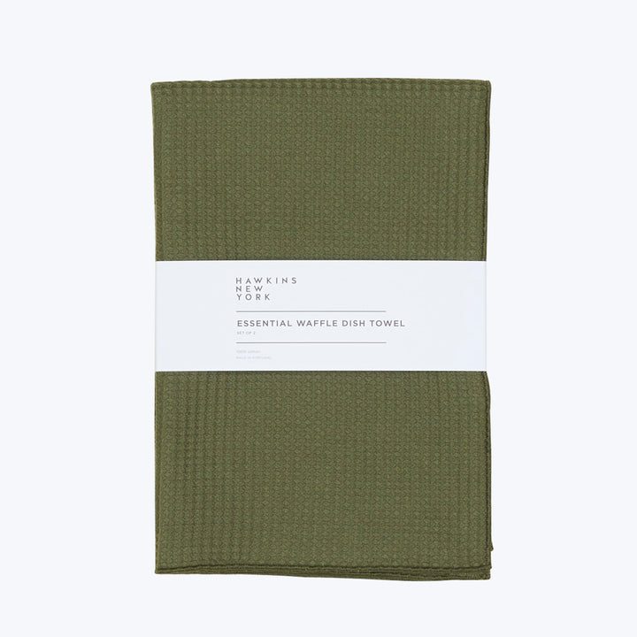 Folded olive green waffle dish towel by Hawkins New York