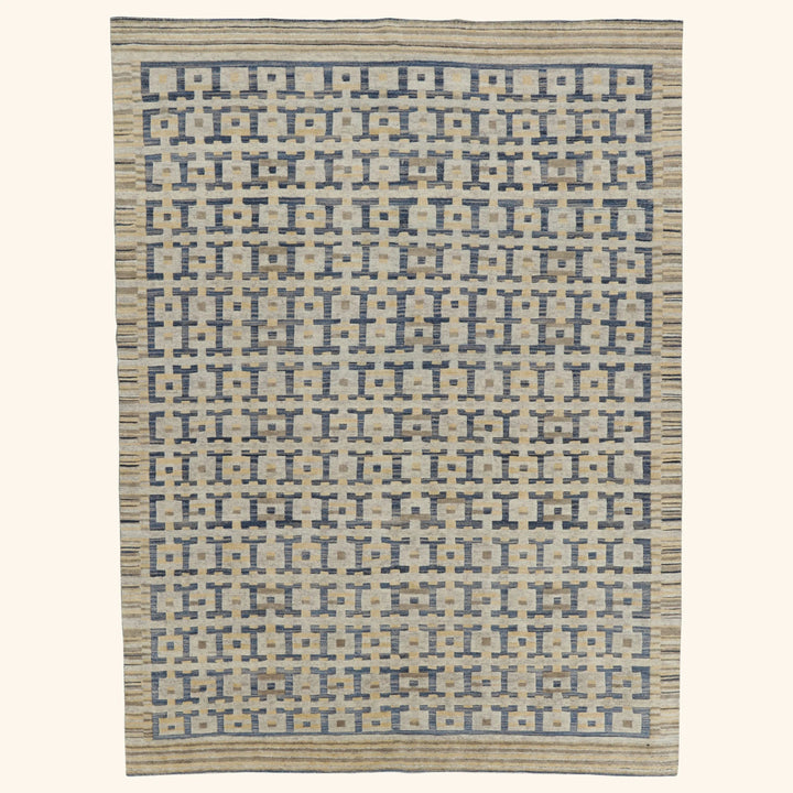 Blue & Yellow Swedish Inspired Flatweave Wool Rug - 9'2" x 12'4"