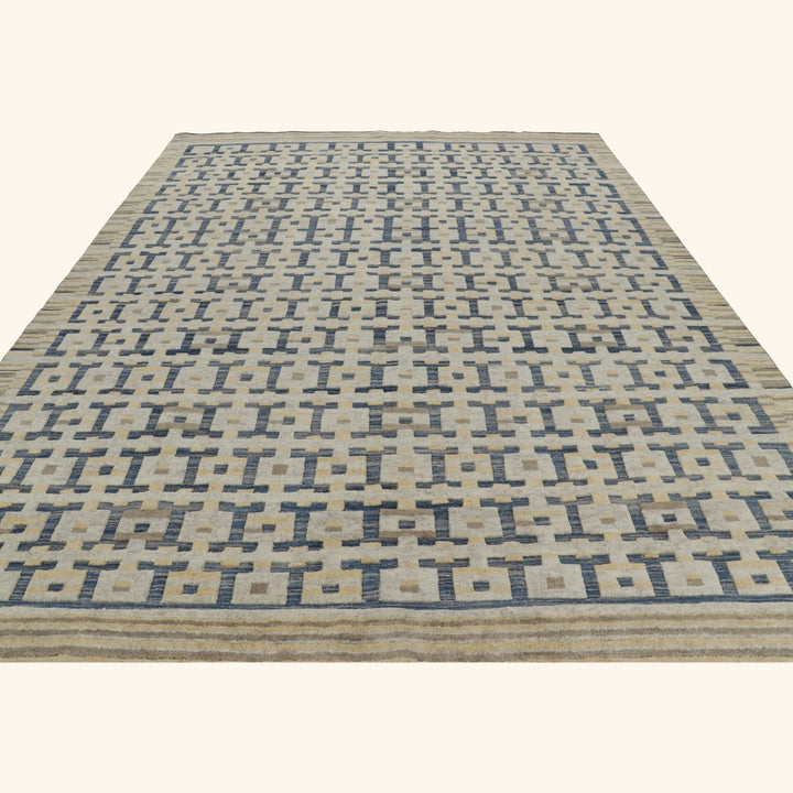 Blue & Yellow Swedish Inspired Flatweave Wool Rug - 9'2" x 12'4"