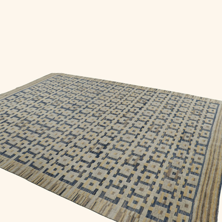 Blue & Yellow Swedish Inspired Flatweave Wool Rug - 9'2" x 12'4"