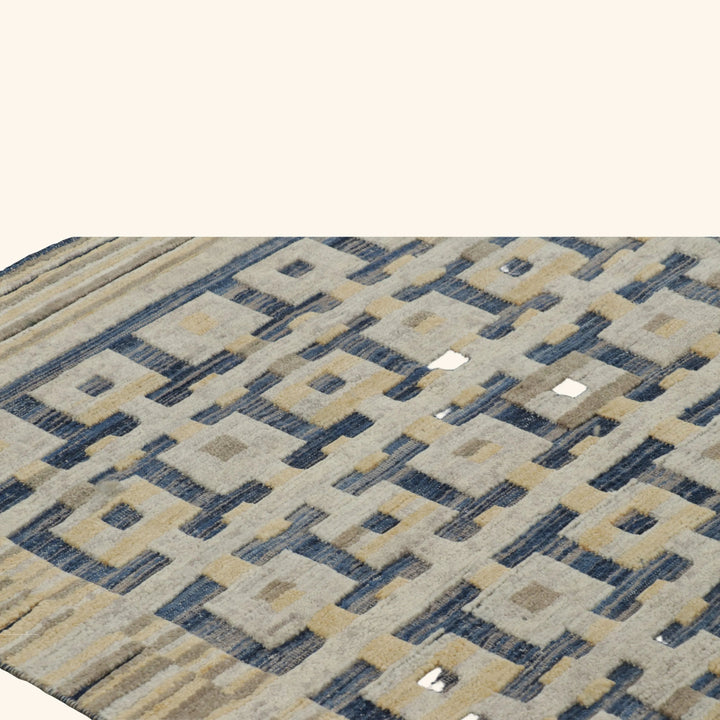 Blue & Yellow Swedish Inspired Flatweave Wool Rug - 9'2" x 12'4"