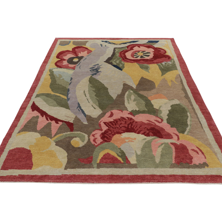 Multicolored Contemporary Wool Cotton Rug - 6'1" x 8'11"