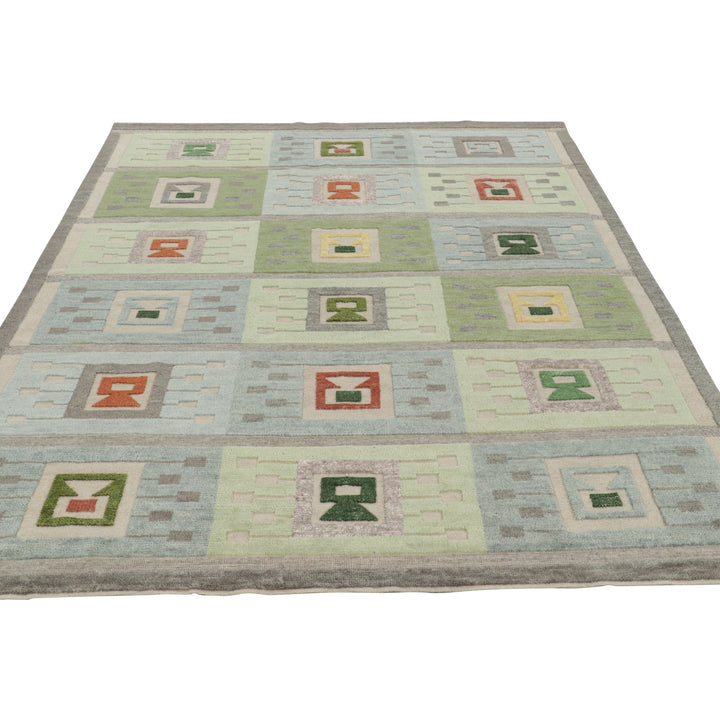 Blue & Green Swedish Inspired Flatweave Wool Rug - 6'10" x 8'5"