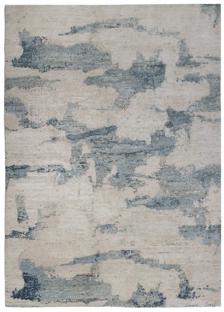 Ivory Blue Contemporary Wool Rug - 6' x 9'