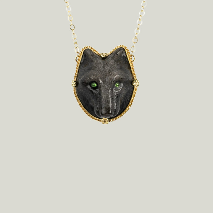 Obsidian And Tsavorite Wolf Necklace