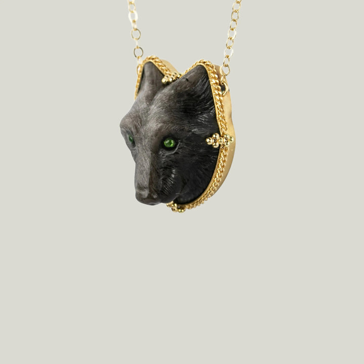 Obsidian And Tsavorite Wolf Necklace