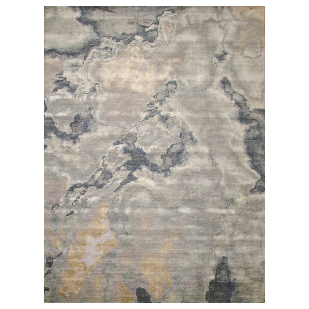 Blue Contemporary Silk Wool Blend Rug - 9'10" x 14'1"