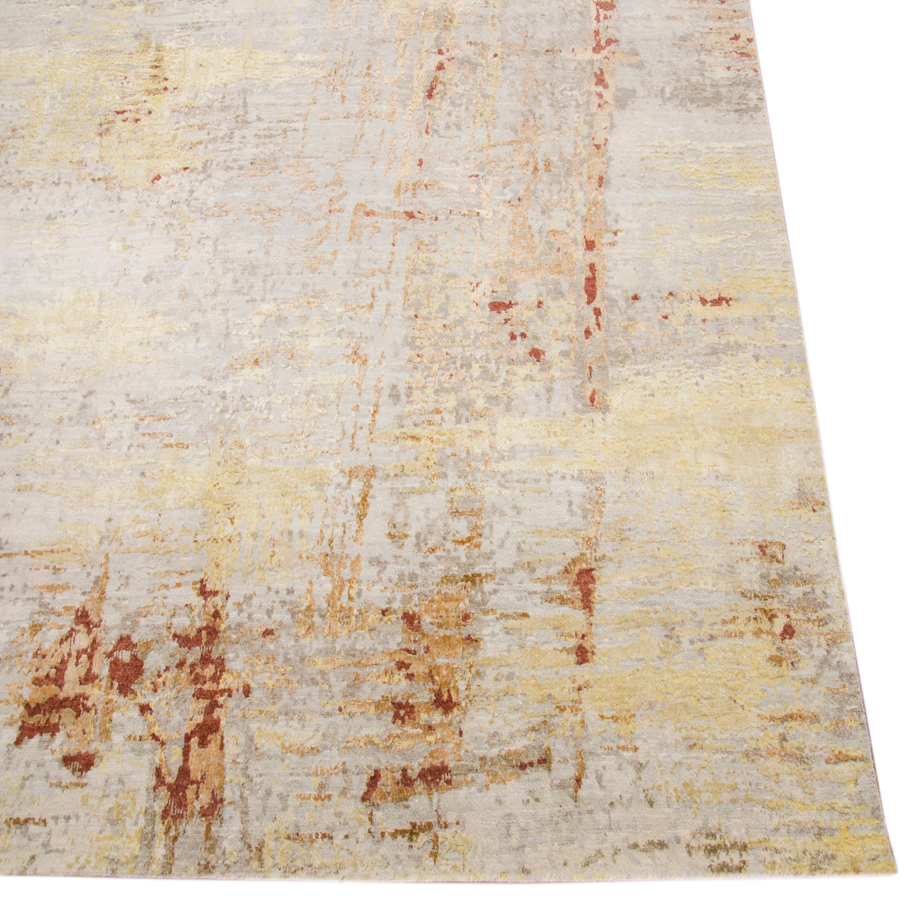 Ivory Red Contemporary Silk Wool Blend Rug - 8'11" x 12'1"