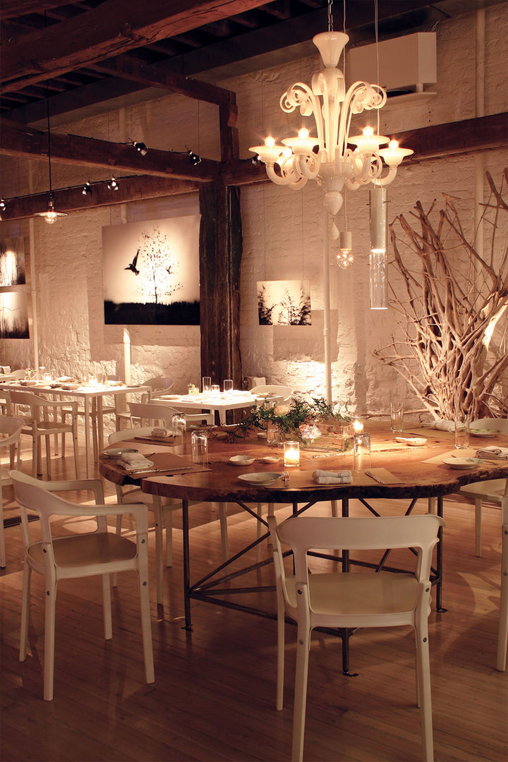 Rustic elegance in an interior dining space with ambient lighting.