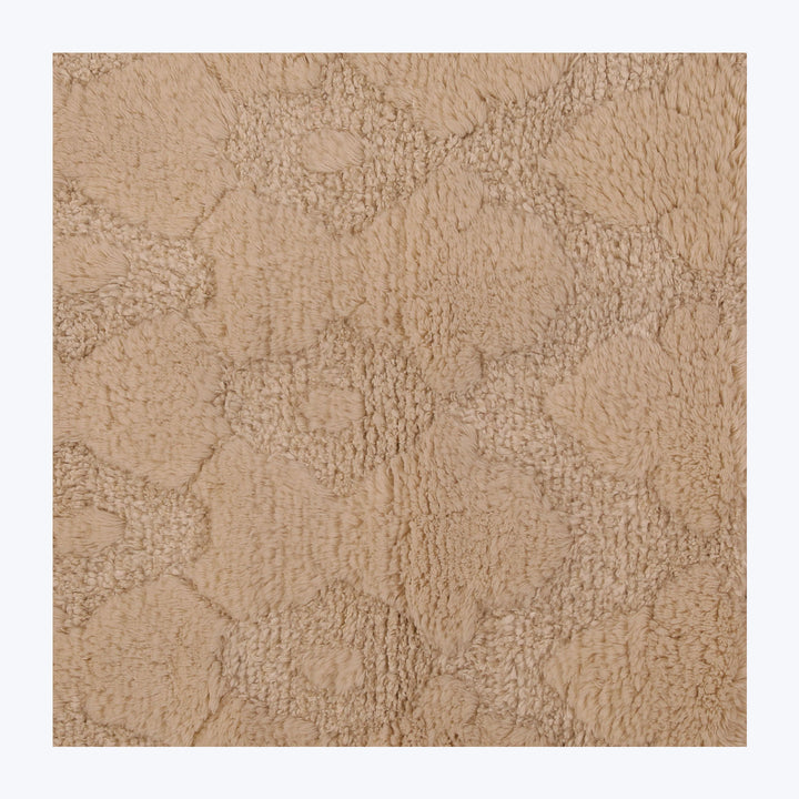 Close-up of beige shaggy textured surface with raised fibers.