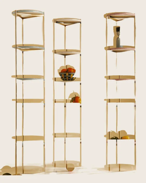 Sleek metallic shelf unit with minimalist design and five circular shelves. - hover