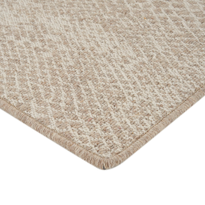 Close-up of neutral beige woven area rug with textured pattern.
