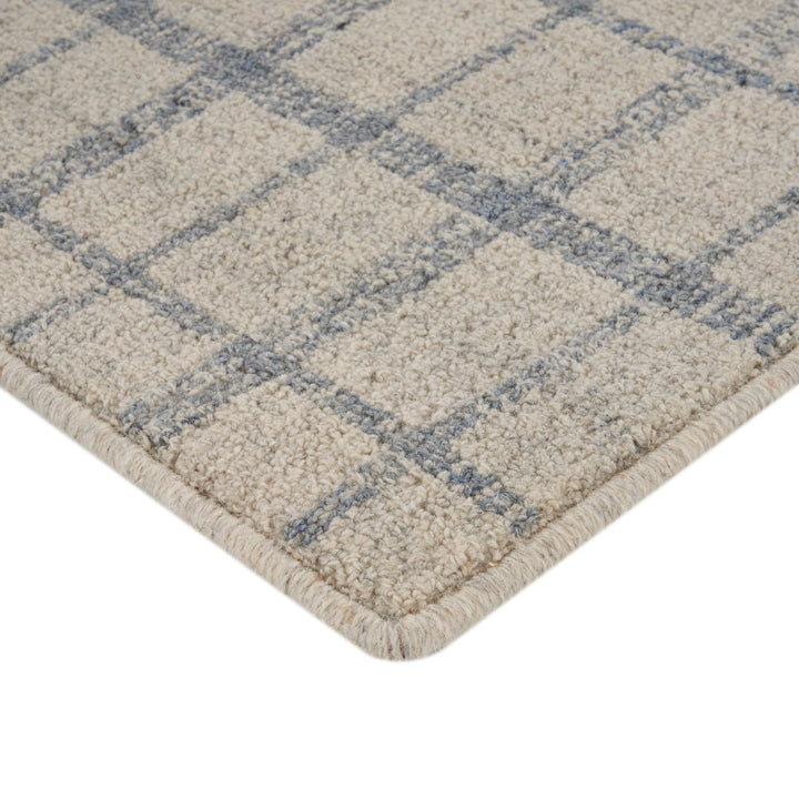 Close-up of beige and blue checkered rug with plush texture.