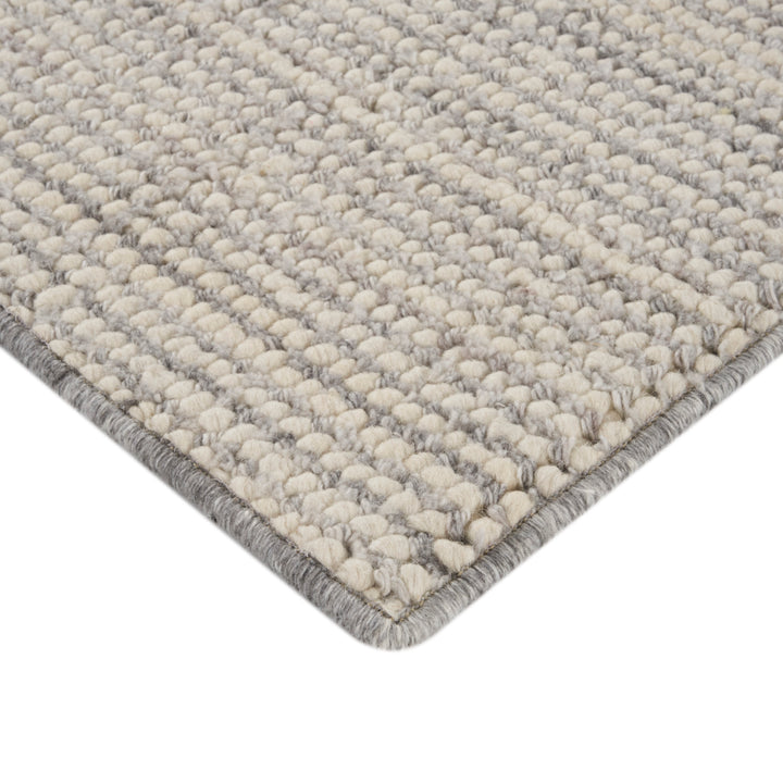 Plush, textured rug in neutral tones with bound edge detail.