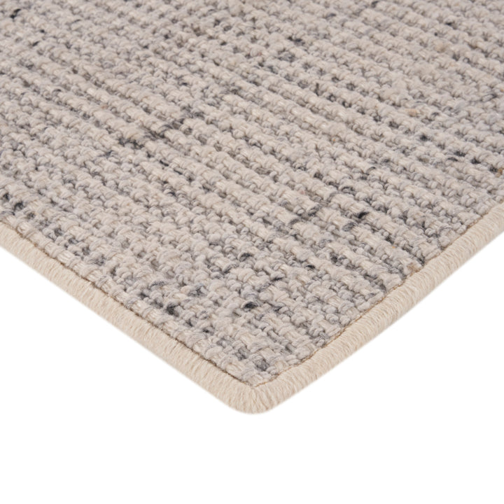 Textured rug with raised stripes in neutral tones and border.