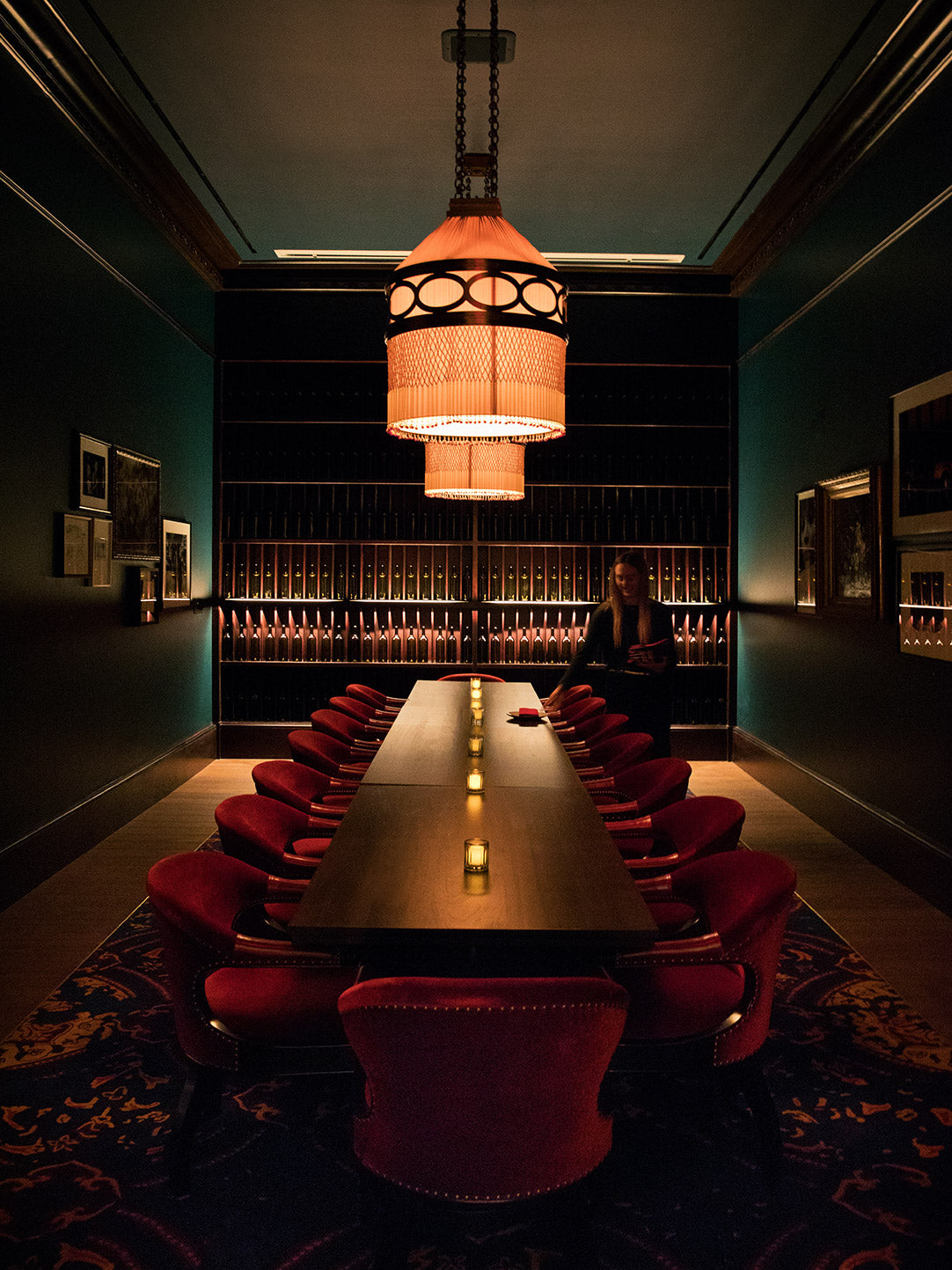 nomad hotel london, boardroom velvet desk chairs, candlelight green walls abc carpet & home