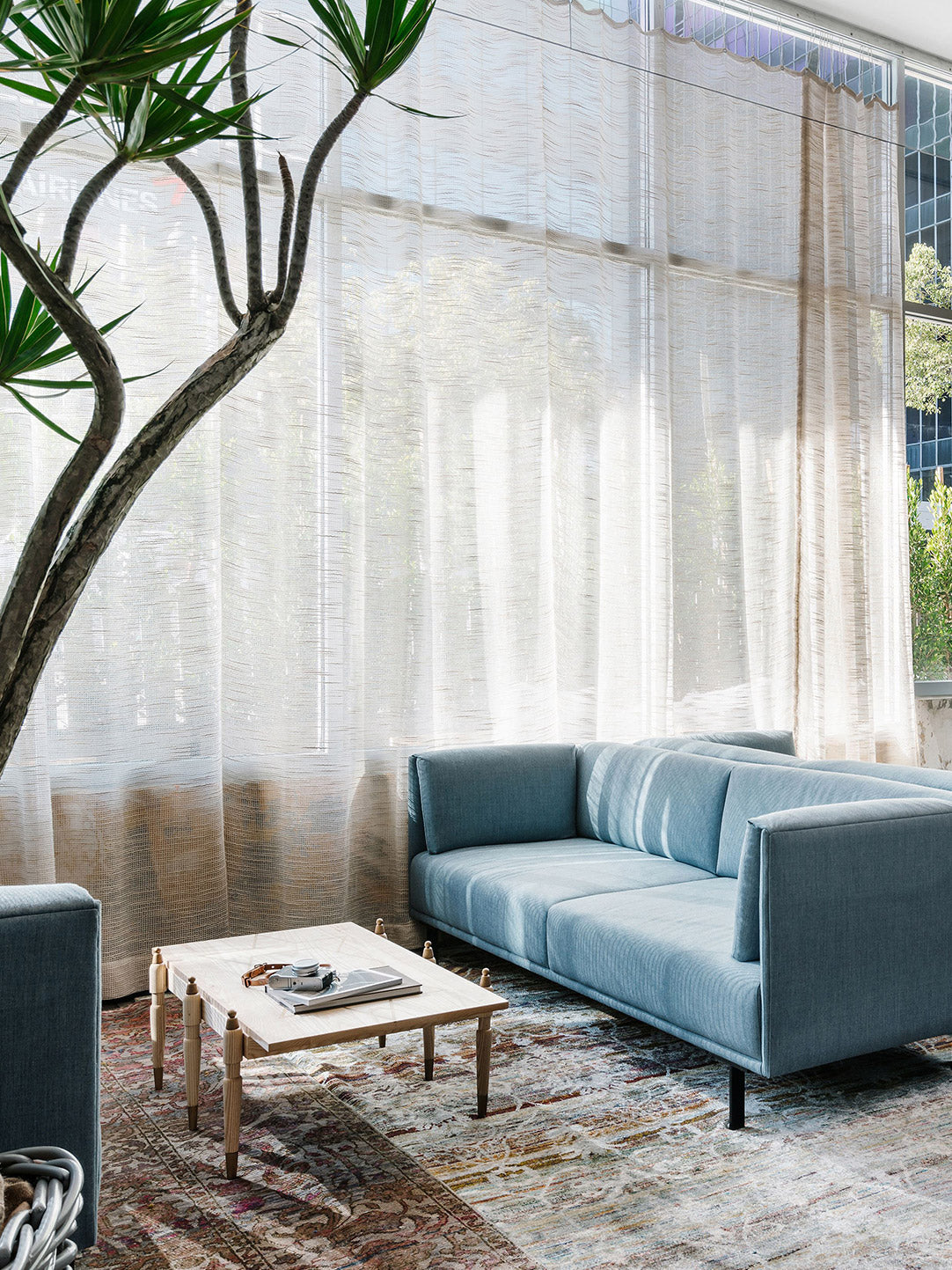 Modern living room with natural light, cozy furniture, and personal touches.