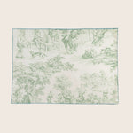 Rectangular textile piece with detailed pastoral scene in soft green.