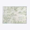 Rectangular textile piece with detailed pastoral scene in soft green.