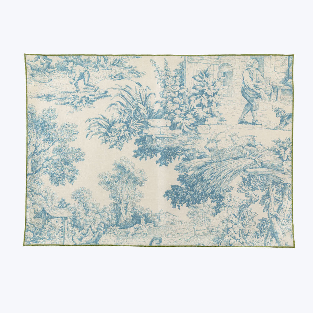 Toile de Jouy fabric showcasing intricate rural scenes and motifs.