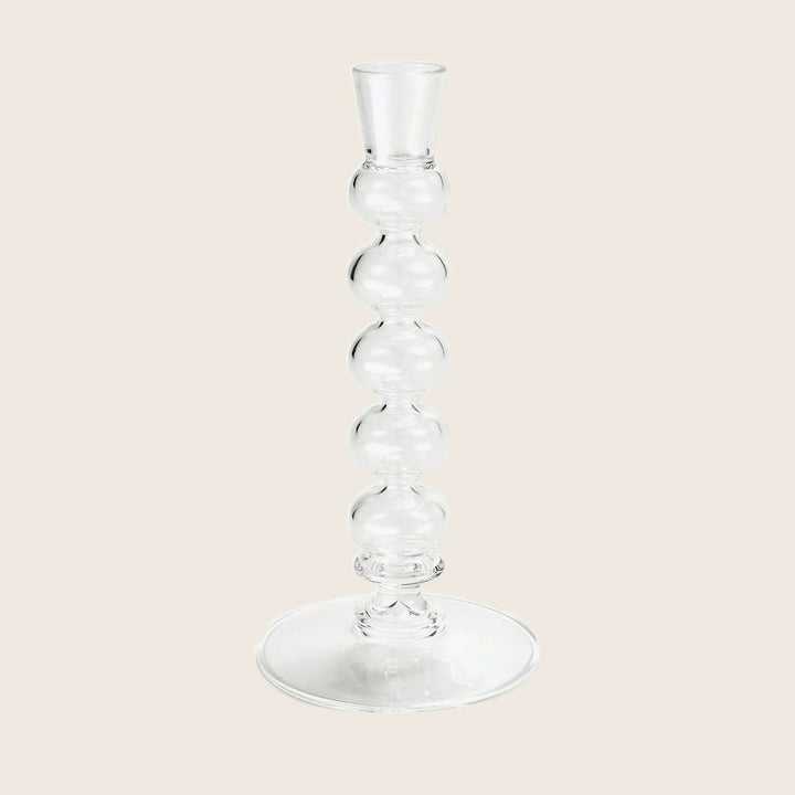 Elegant clear glass candlestick holder with spherical bulb stem design.
