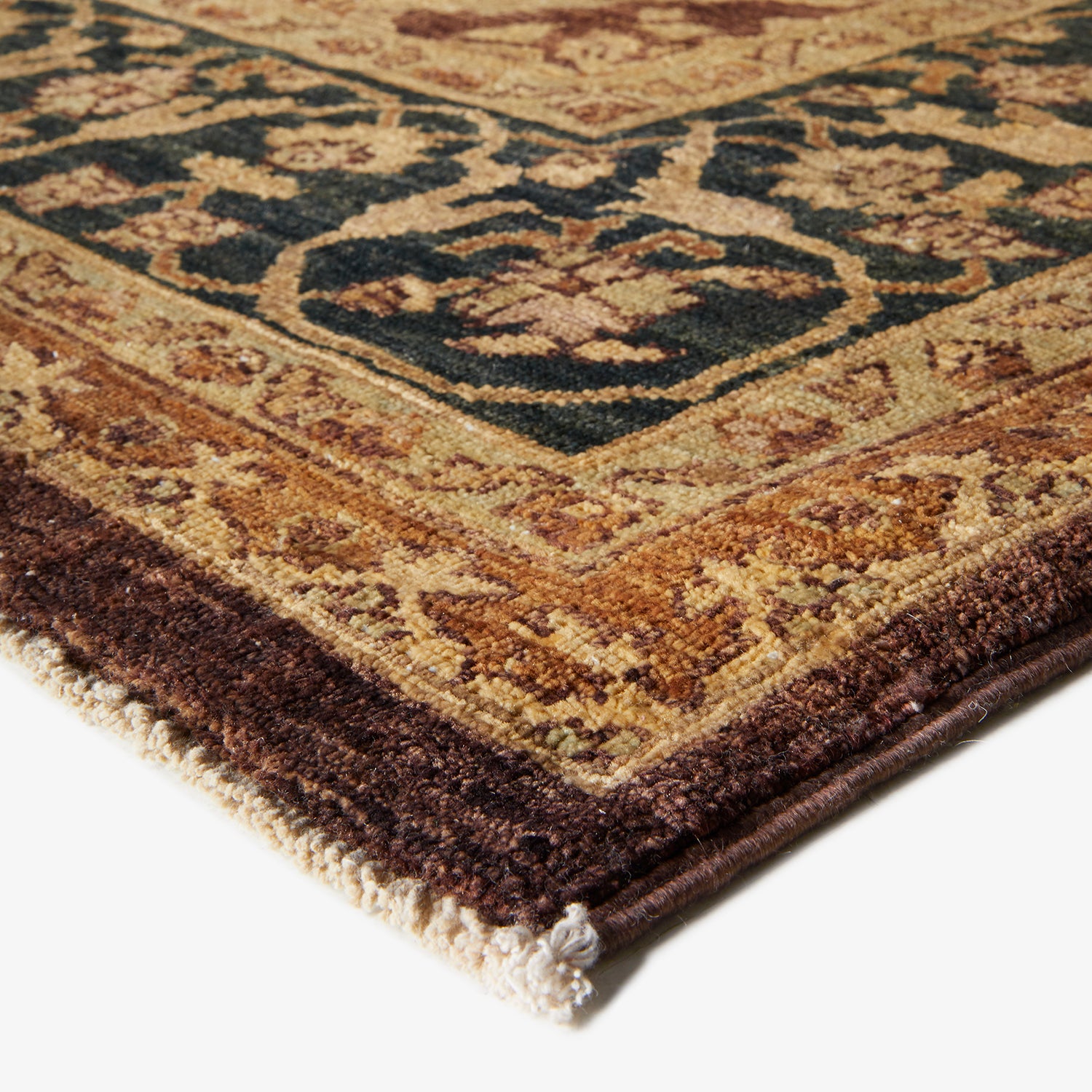 Close-up of a plush, intricately designed area rug with fringe.