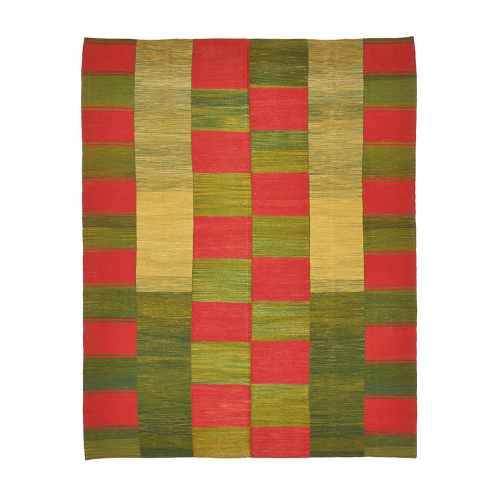 Vibrant green and red checkerboard textile with textured appearance.